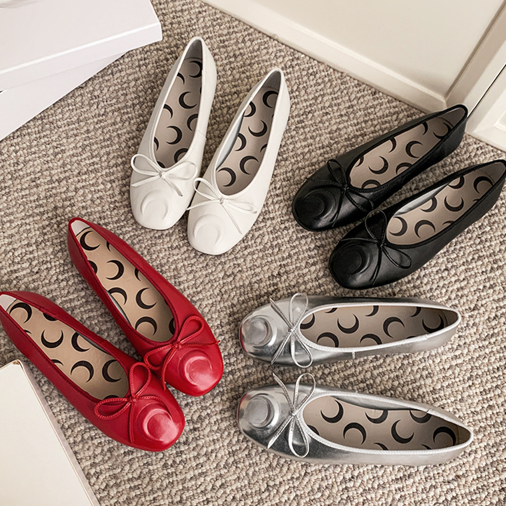 苏茵茵同款小众风月亮浅口新款单鞋女月牙印花蝴蝶结平底芭蕾舞鞋