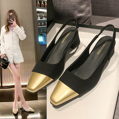 法式小香風高跟拼色包頭涼鞋女2024年夏季新款氣質方頭粗跟涼鞋女