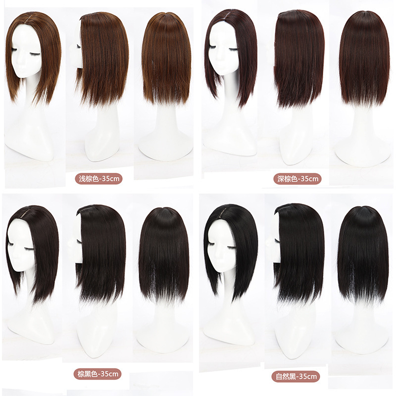 Cabello blanco que cubre en la parte superior de la cabeza pieza de Peluca de bloque de reemplazo de cabello hembra flequillo de longitud media invisible sin costuras pieza de cabello recto de longitud media pelo largo y recto