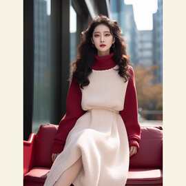 2026新款高端精致高级感超好看气质过年新年红色拼接连衣裙女秋冬