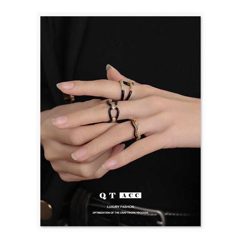 Moda retro europea y americana de latón galvanizado oro real de alta calidad gota de aceite anillo abierto diseño personalizado anillo negro para las mujeres