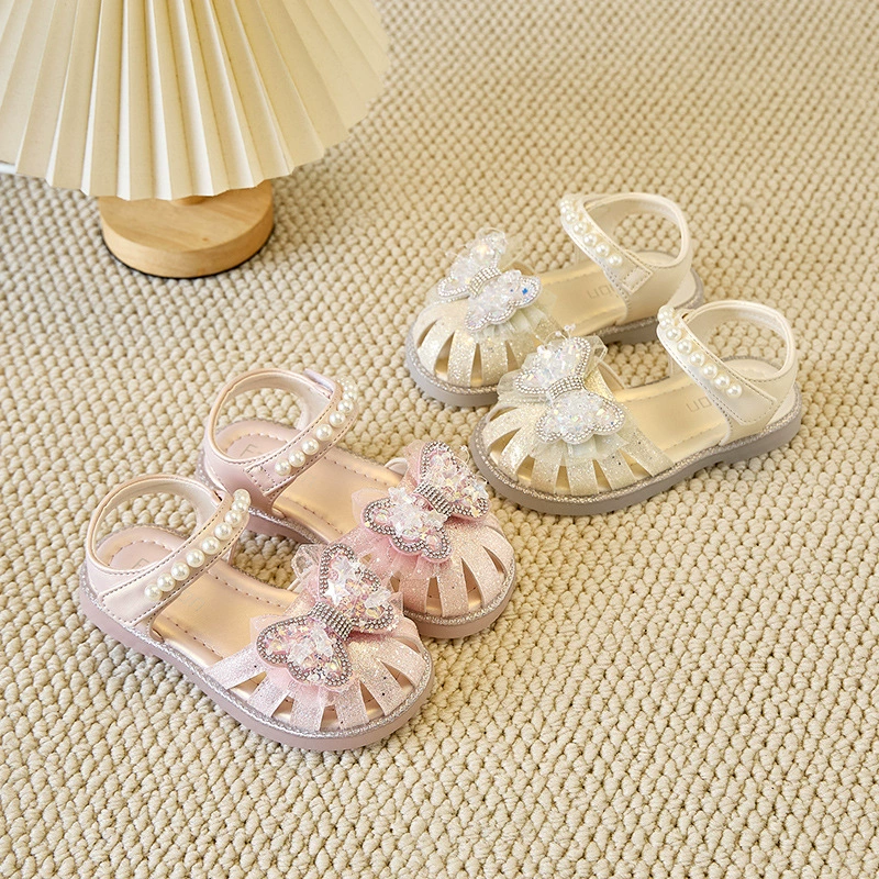 2025 летний новый стиль сандалии для девочек детская обувь большой бант модный яркий бриллиант танцевальная обувь принцессы для волос оптом