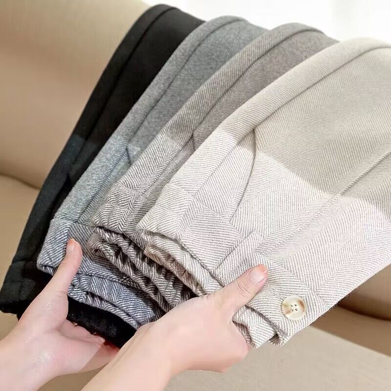 2023春秋季加绒毛呢裤女直筒加厚哈伦烟管裤宽松高腰九分西装裤子