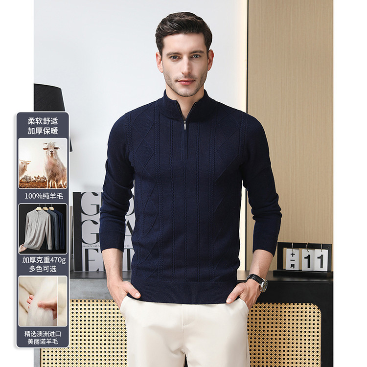 Otoño y invierno de lana de hombre nuevo punto hombre de mediana edad negocios ocio con cremallera cuello comercio exterior grueso suéter simple