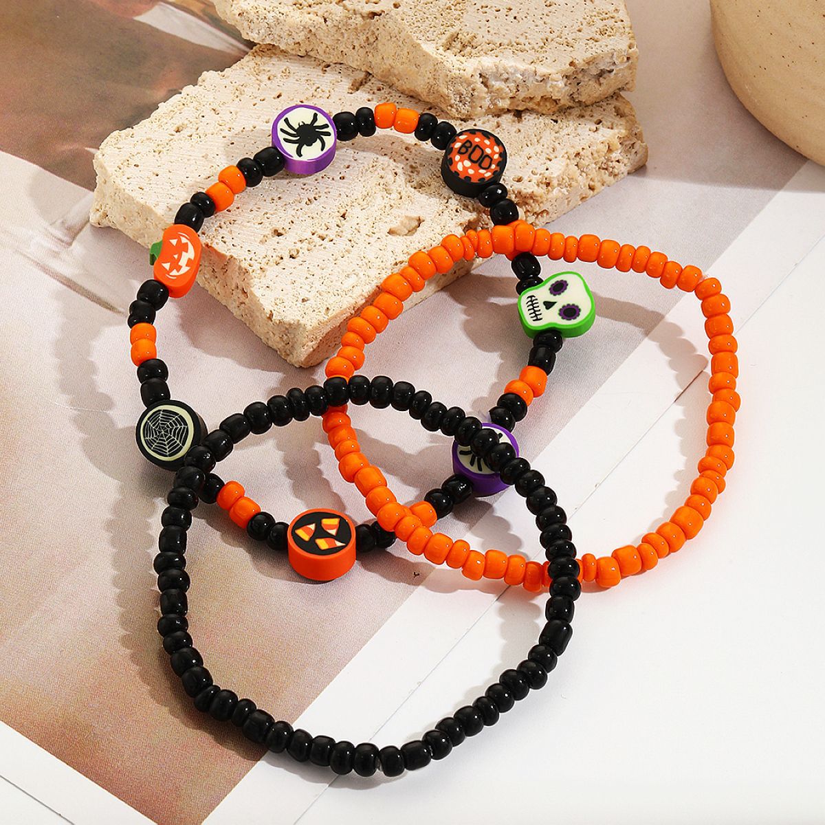 bracelet set hot selling rice beads orange pumpkin skull pendant Halloween bracelet_voghion.com