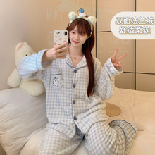 韩国珊瑚绒睡衣女秋冬季加厚日系甜美可爱线条狗法兰绒家居服套装