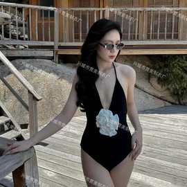 新款欧美立体花朵性感法式纯色连体泳衣女遮肚修身温泉黑底白花