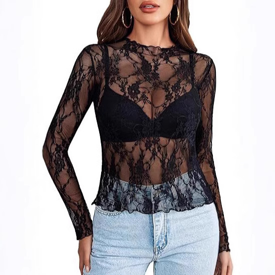 Cross-border 2024 New Lace European and American Style Women's Top Long Sleeve Transparent Shirt Perspective Floral Lace Top T