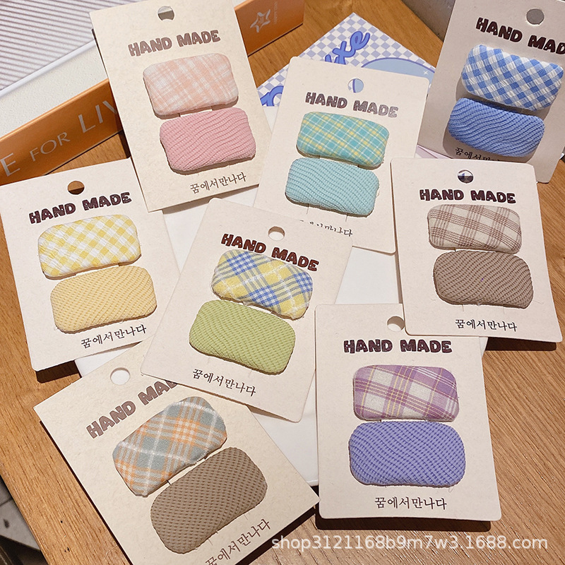 Autumn New Ins Korean Style Candy Color Fabric Plaid Pure Color Square Hairpin Kidsren's Elegant Side Bangs Clip