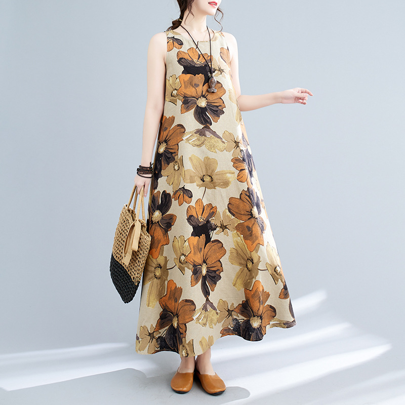 Vestido midi estampado sem mangas com gola redonda, estilo boêmio, plus size, para o verão de 2024._voghion.com