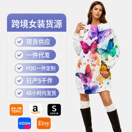 跨境3D数码印花圆领长袖连衣裙欧美宽松oversize大码圆领卫衣裙