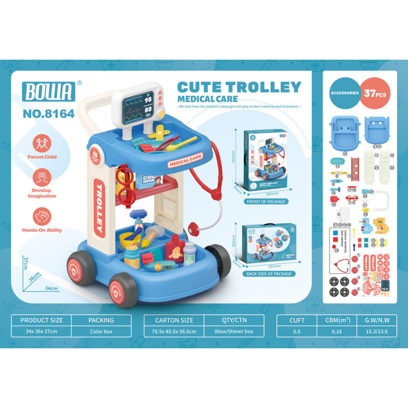 Transfronterizos niños simulación postres kits de atención médica herramientas de limpieza cubiertos de cocina carro juguetes