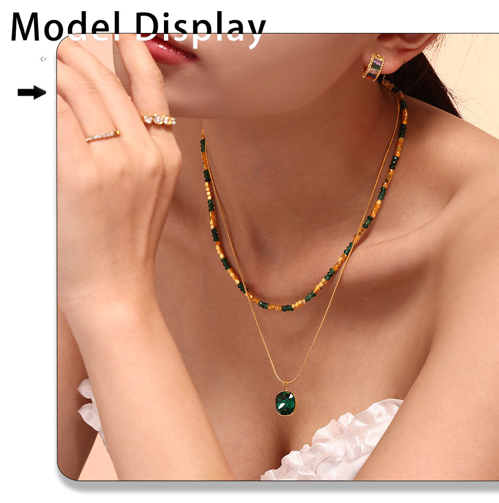 Natural Stone Crystal Pendant Necklace Double Layer Stainless Steel_voghion.com