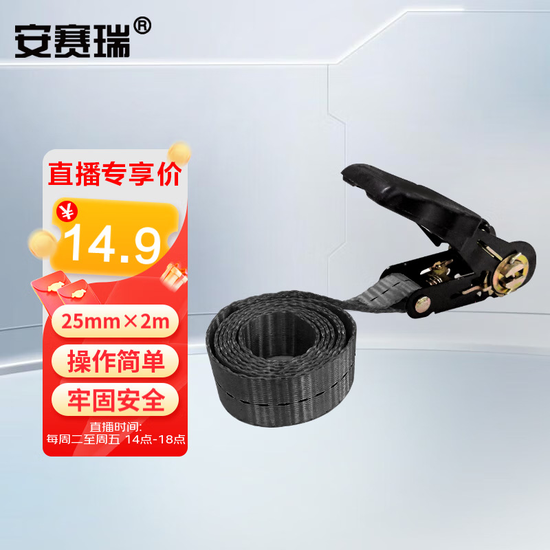 安赛瑞 货物捆绑带 棘轮紧绳拉紧器汽车摩托车固定带 25mm×2m 黑