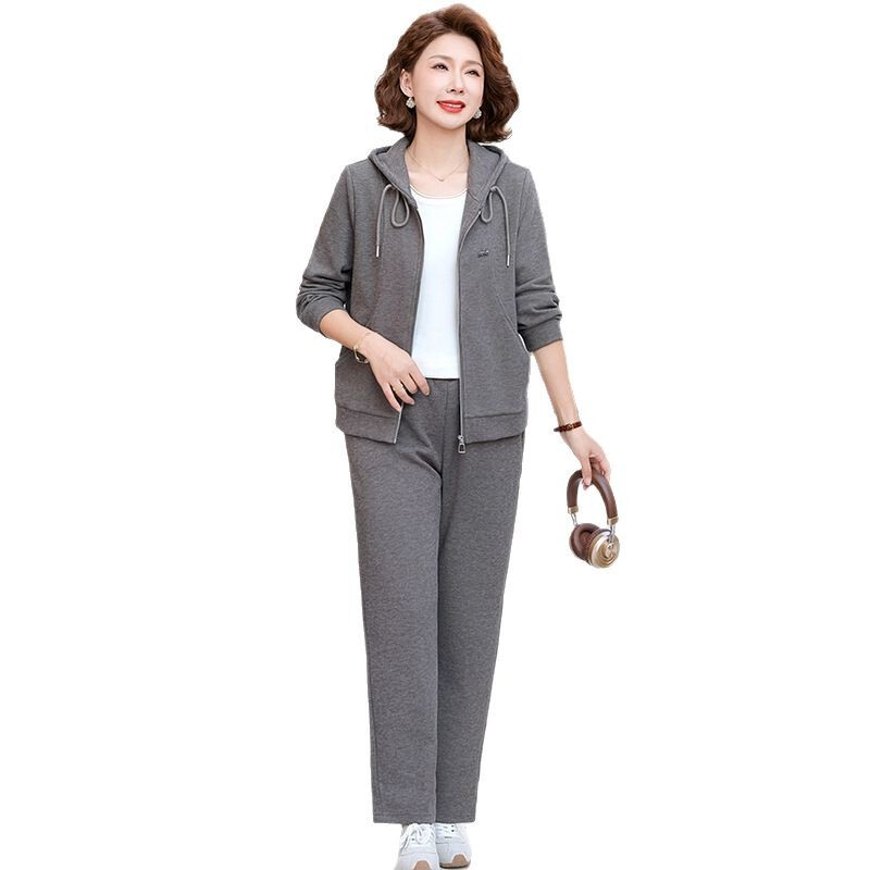 中高年の女性の春の服装の運動のスーツの新型の帽子のお母さんの春秋のカジュアルな服の2つのセットのファスナーのコートはゆったりしています。|undefined