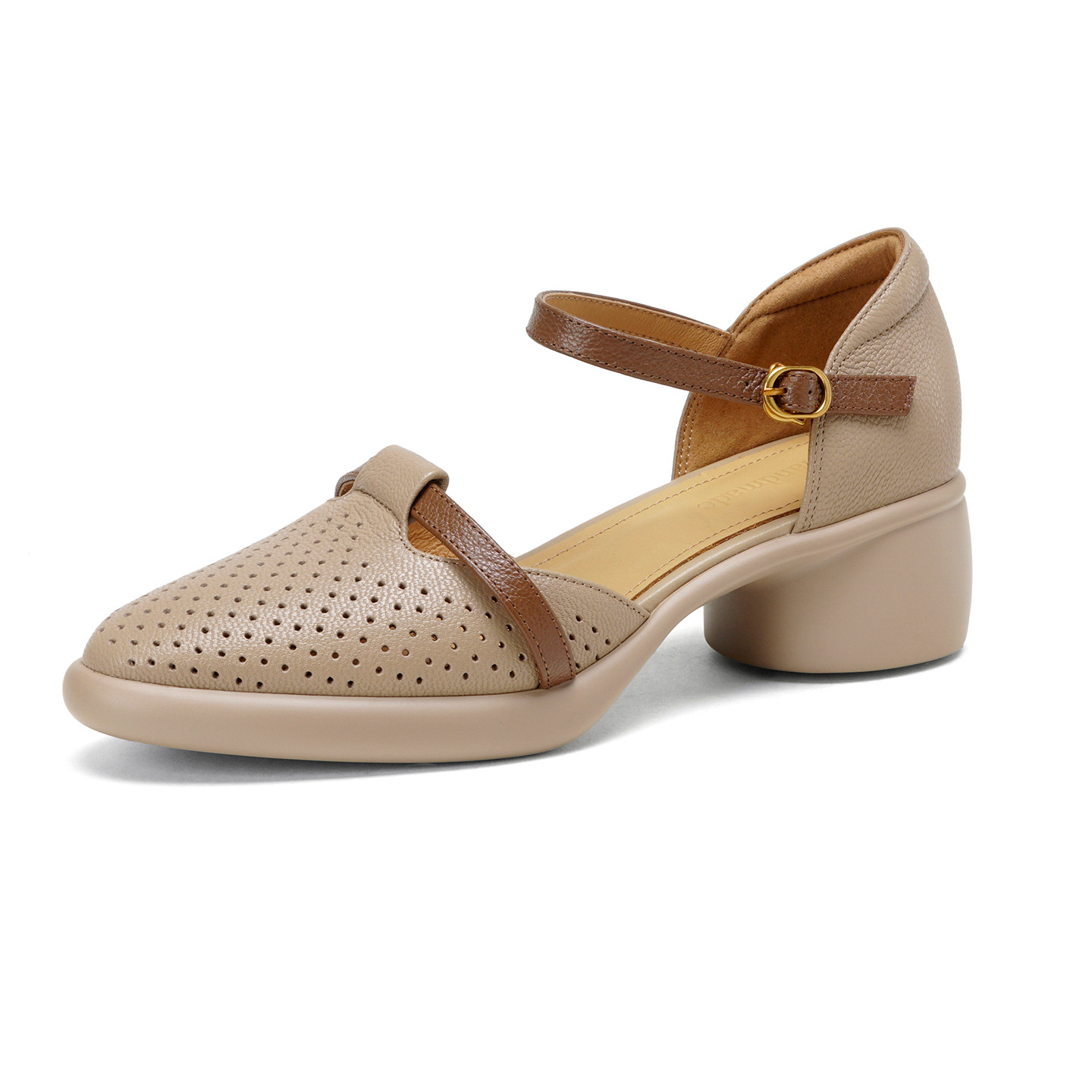 Sandal nữ quai ngang da dê mũi tròn gót vuông cao 9 cm — màu trắng ngà chi tiết 19