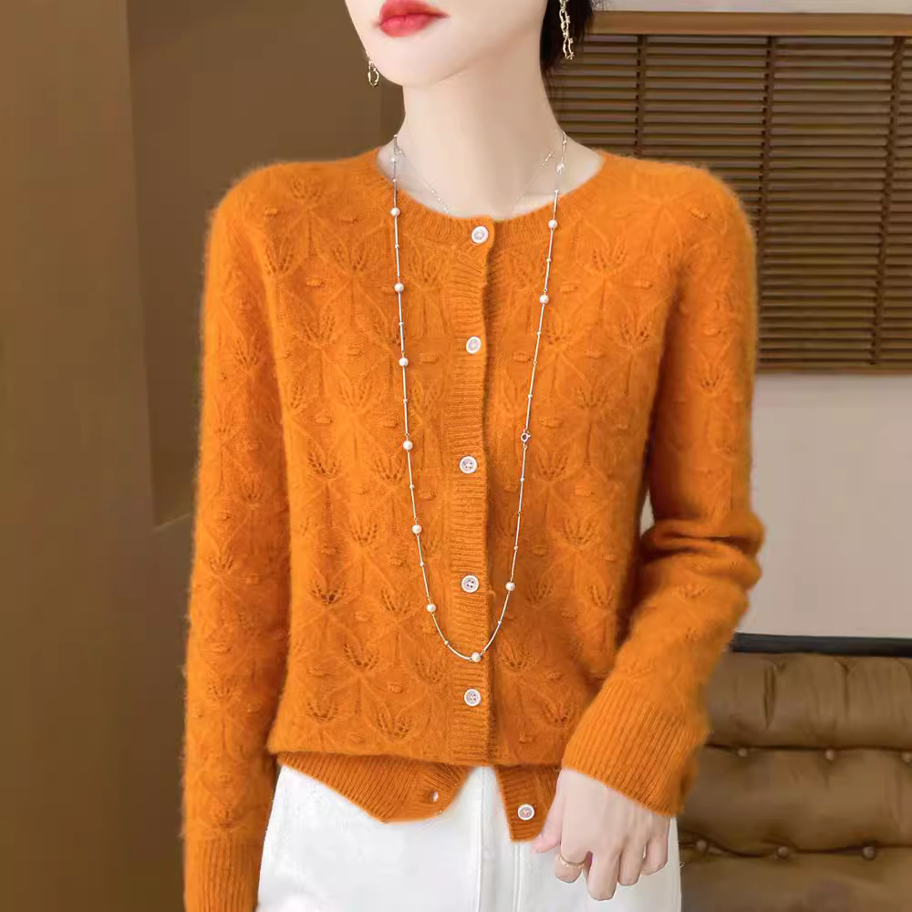Autumn and Winter Pure Wool Cardigan Women's Round Neck Hollow Jacquard Long-sleeved Knitted Coat Sweater Loose Cashmere Outer Top