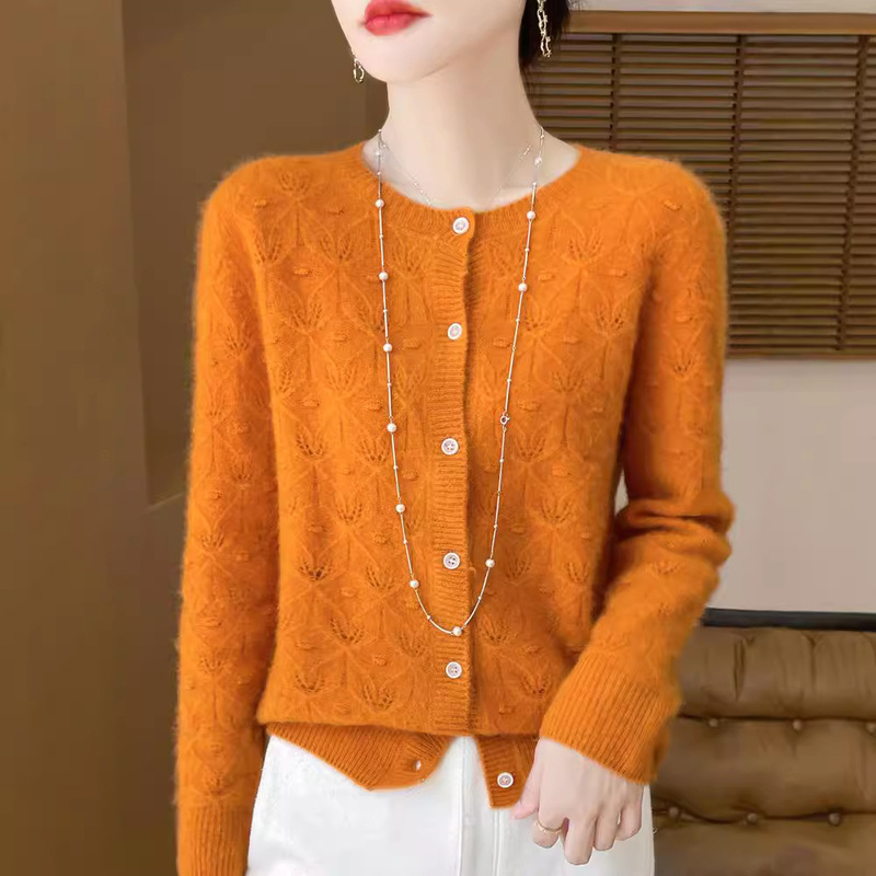 Autumn and Winter Pure Wool Cardigan Women's Round Neck Hollow Jacquard Long-sleeved Knitted Coat Sweater Loose Cashmere Outer Top