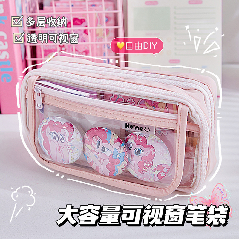 Estuche para lápices con bolsa de dolor transparente multicapa de gran capacidad, caja de papelería para estudiantes de alto valor, linda chica, bolsa de papelería de almacenamiento