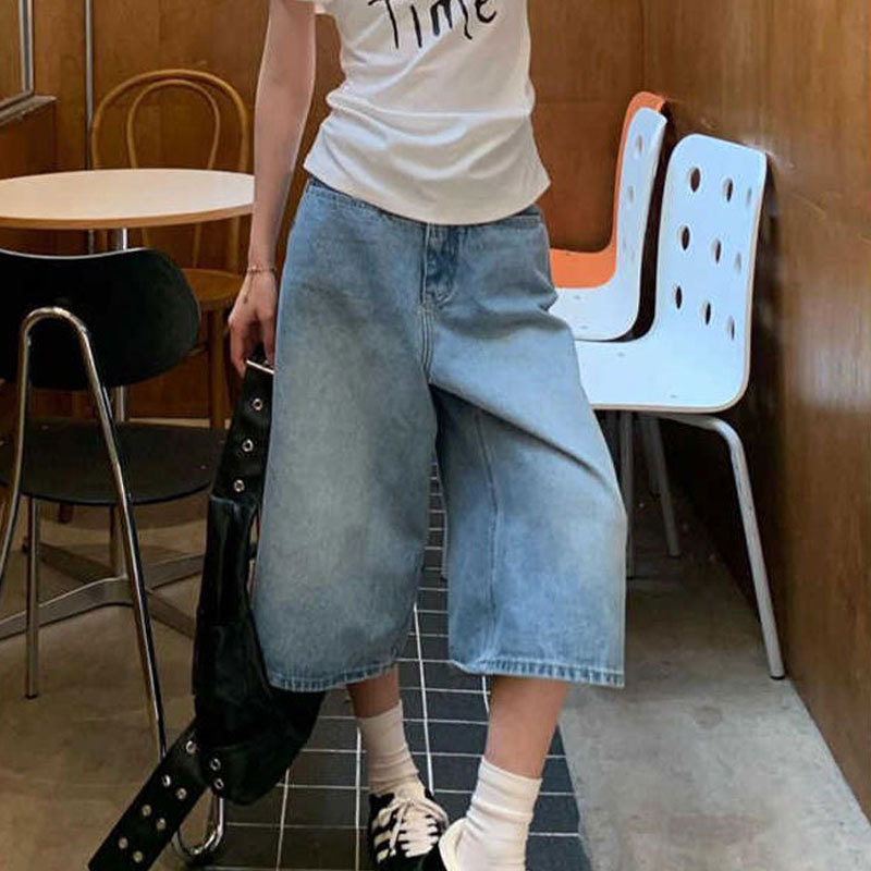 Light Blue American Wide-Leg Denim Mid-Pants Summer Three-Point Women's Large Size Slimming High-Waisted High Street Loose Straight Shorts