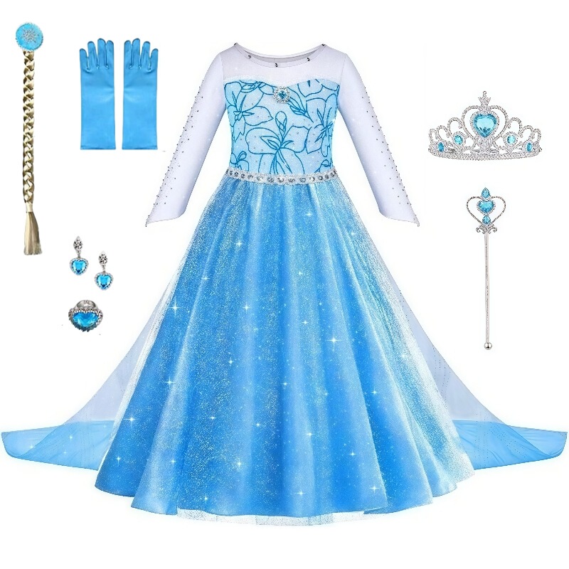 Christmas Frozen Princess Dress Elsa Queen Birthday Dress Girls Long Sleeve Dress Performance Costume