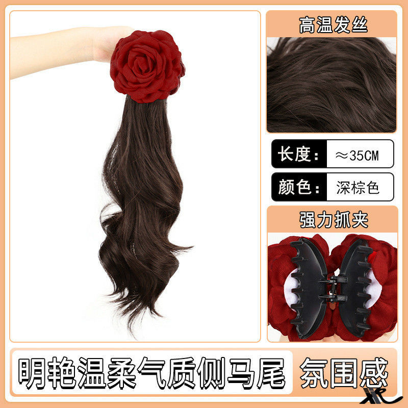 Peluca de cola de caballo mujer rojo neto corbata lateral flor de rosa pinza simulación natural cabello ondulado cabello rizado peluca trenzada cola de caballo