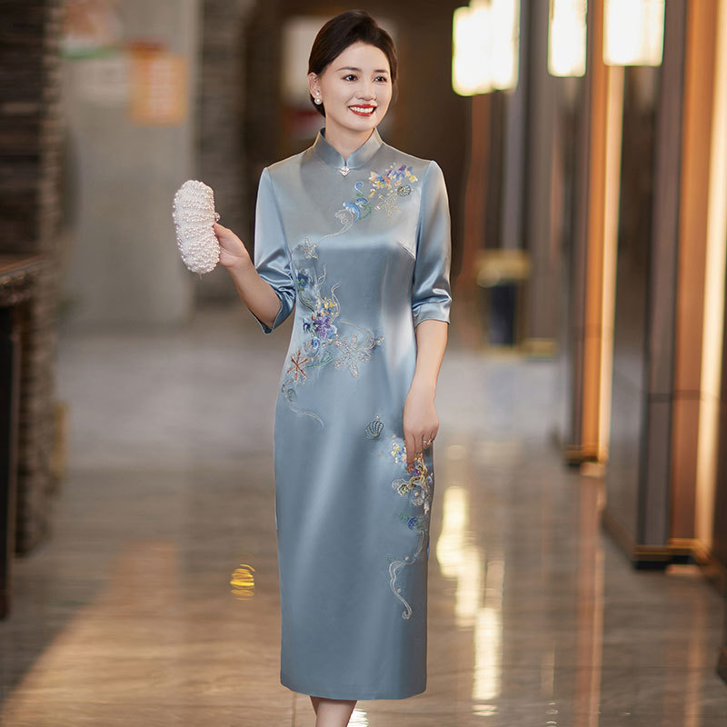 High-End Wedding Banquet Improved Cheongsam Dress for Mother-In-Law, New Autumn Wedding Dress, High-End Acetate Toast Dress for Mother
