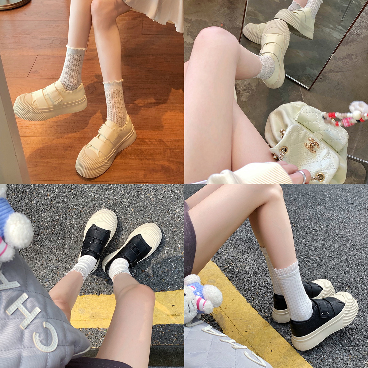 葡萄媽studiolee 懶人魔術貼百搭小白鞋圓頭增高厚底餅乾鞋女春秋