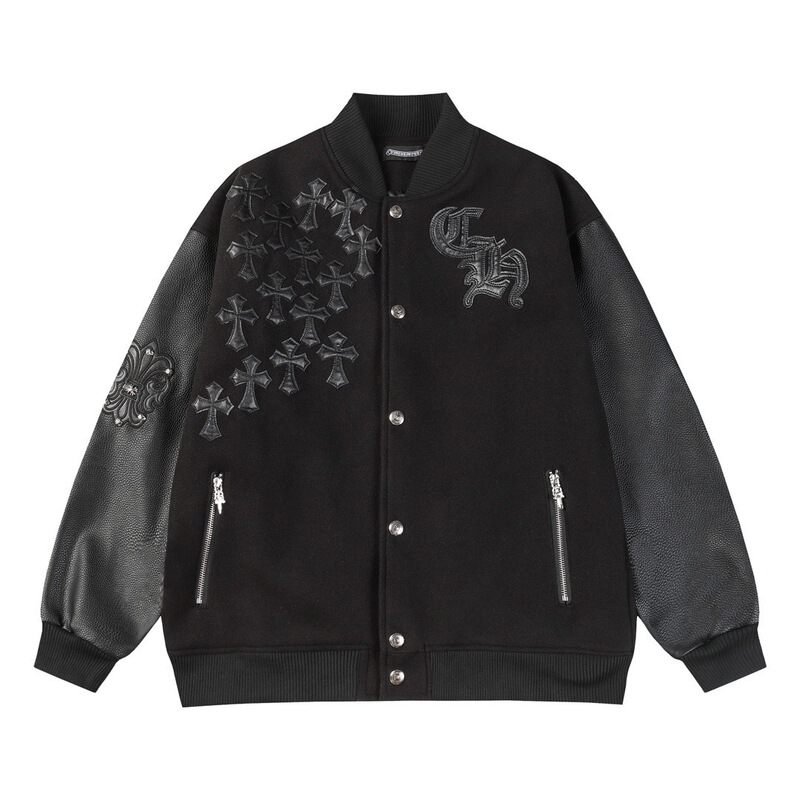 Cross-Border High-Quality Ch Chrome Cross Leather Patch Embroidery Baseball Jacket Factory Direct Wholesale Workwear Cross-Border High-Quality Ch Chrome Cross Leather Patch Embroidery Baseball Jacket Factory Direct Wholesale Workwear