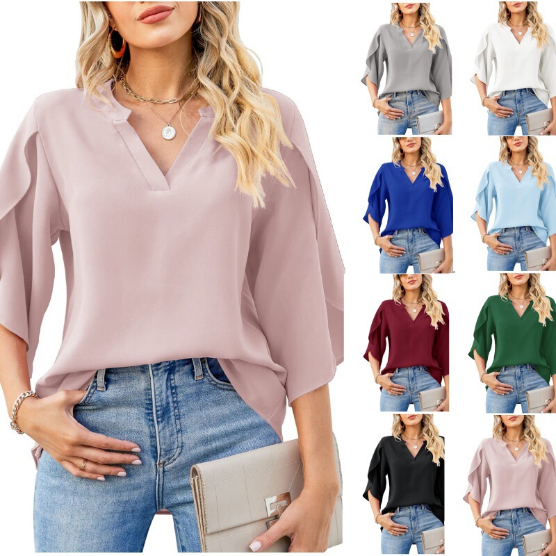 2024 cross-border Amazon wish spring and summer new European and American women's shirt loose V-neck chiffon solid color shirt 2024 cross-border Amazon wish spring and summer new European and American women's shirt loose V-neck chiffon solid color shirt