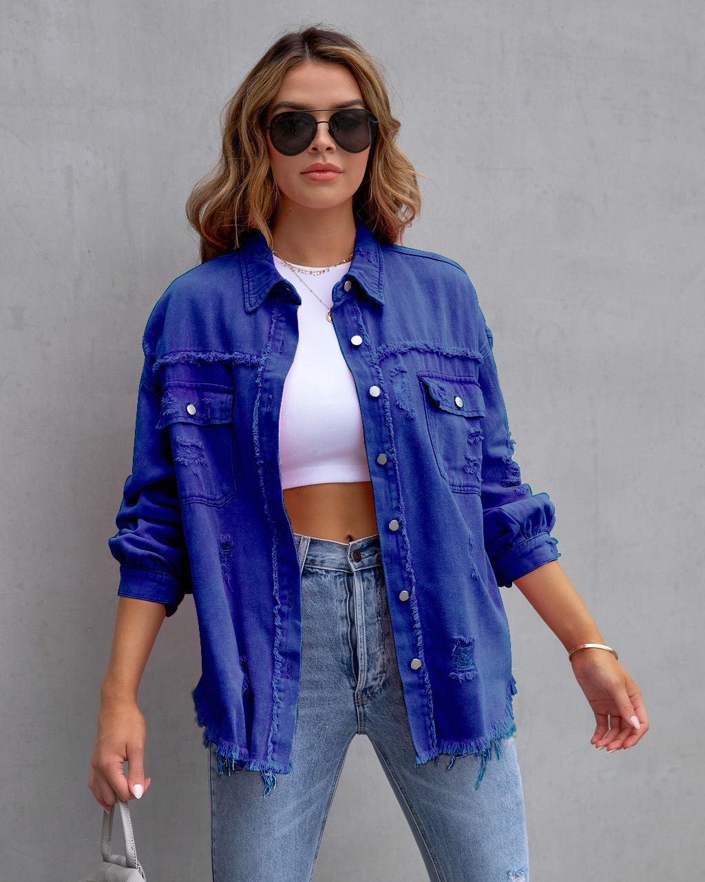 Giacca di jeans donna con volant strappata bavero manica lunga_voghion.com