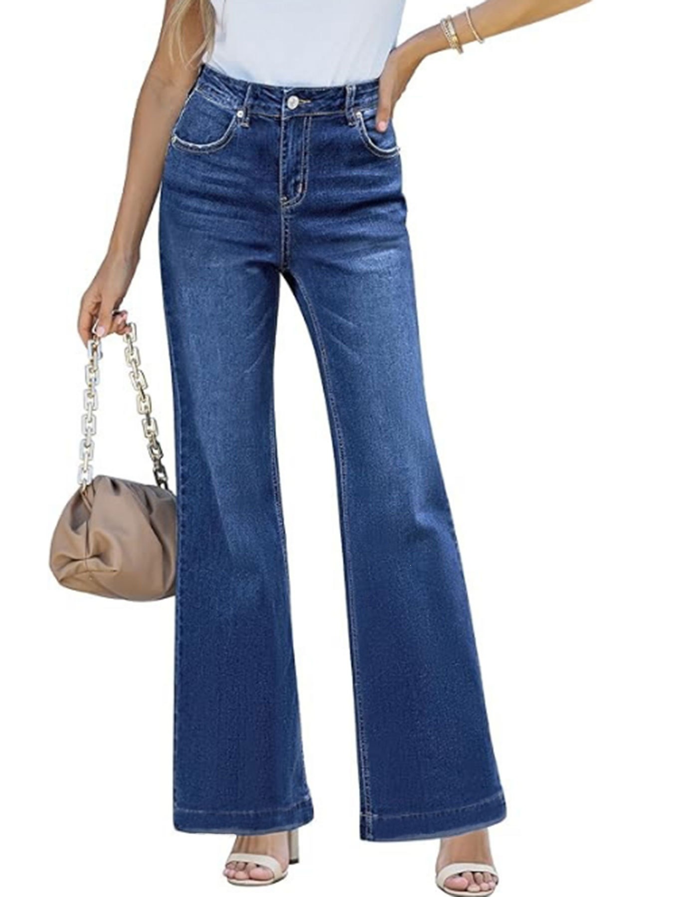 Jeans Acampanados de Tiro Alto para Mujer, Algodón y Spandex, Elástico, con Bolsillos