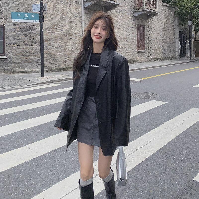黑色皮衣外套女春秋2026新款港风复古pu皮西服气质高级感廓形西装