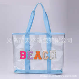 跨境新款字母贴PVC沙滩包 透明果冻包大容量托特包 时尚手提女包