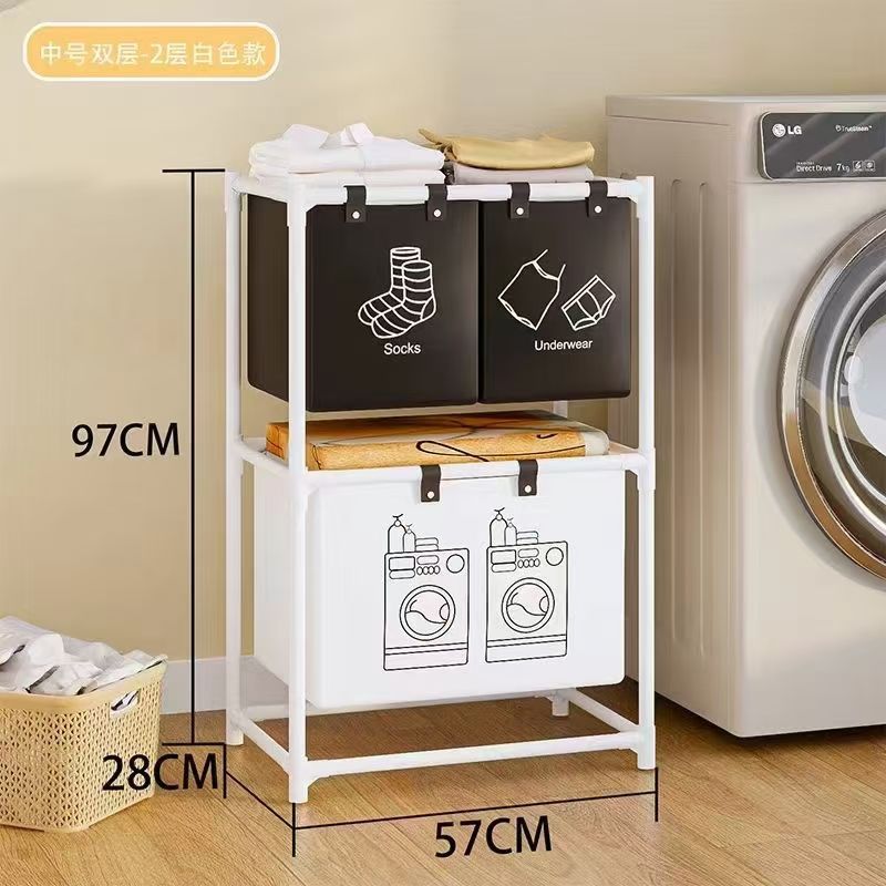Cesta de doble capa de almacenamiento de ropa sucia, estante de baño, cesta de almacenamiento, cesta de lavandería, almacenamiento de clasificación, tubo de acero grueso, retención