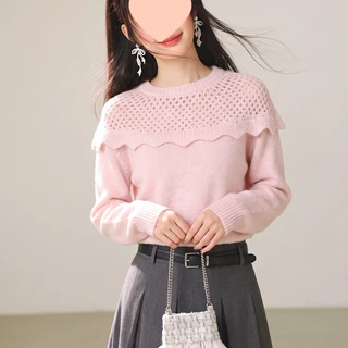实拍◆圆领镂空软糯打底毛衣女新款早秋慵懒感针织衫上衣