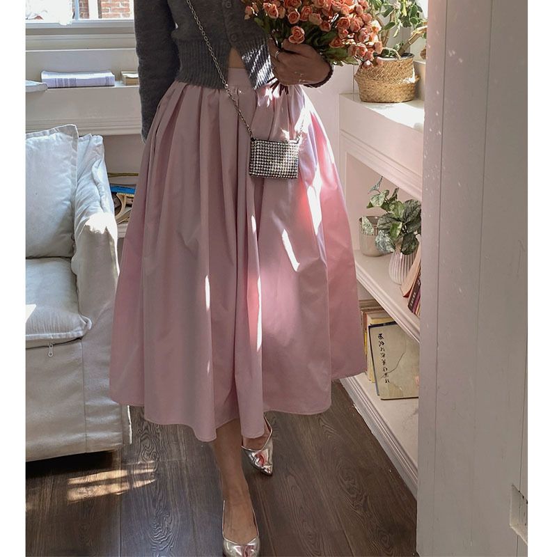 Pink A- line Puffy Skirt Women's Spring and Summer French Retro High Waist Slimming Macaron Mid-length Umbrella Skirt