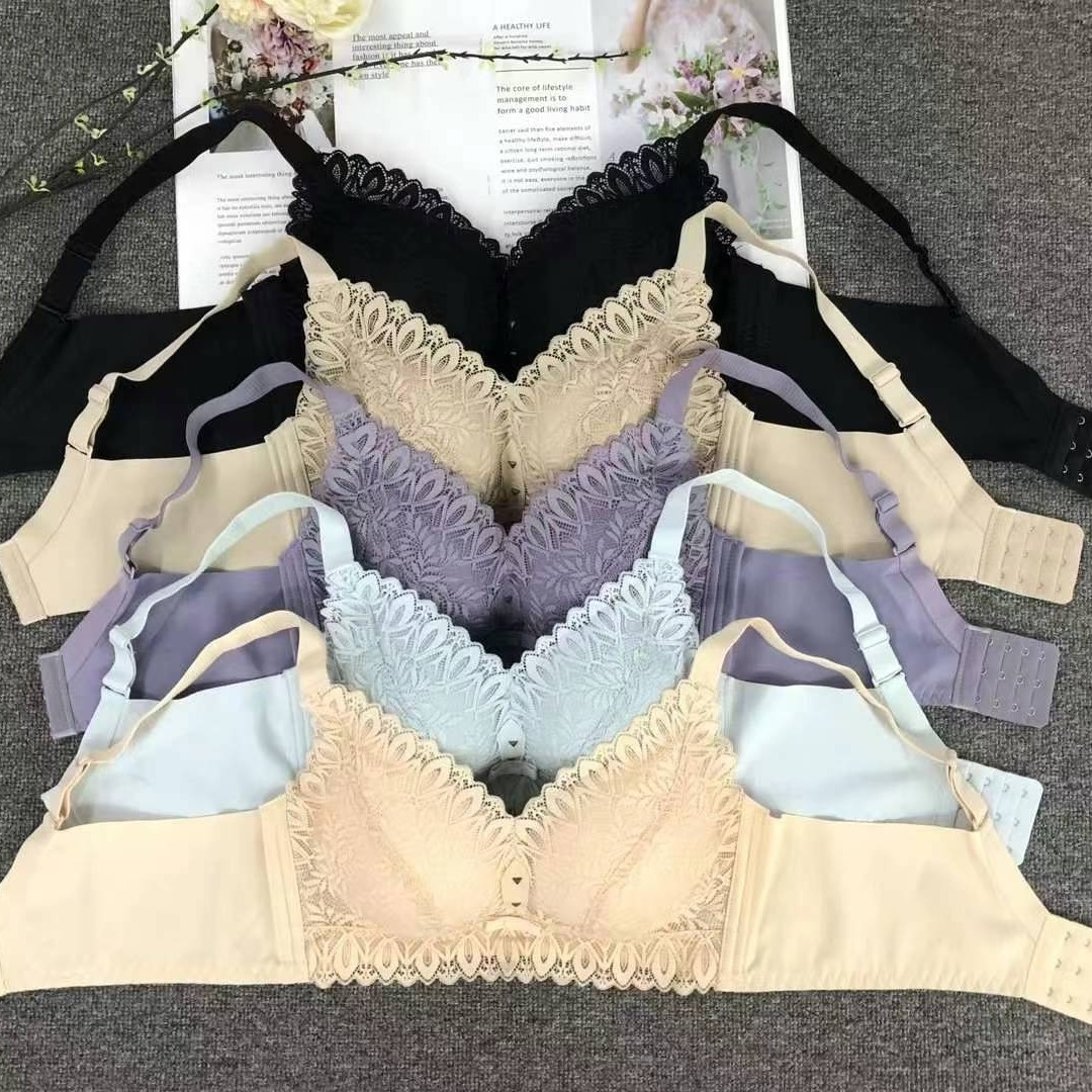 Nuevo sujetador de alta calidad de moda de encaje jacquard transpirable y cómodo ajuste lateral de pecho de tres filas de botones ropa interior para mujeres