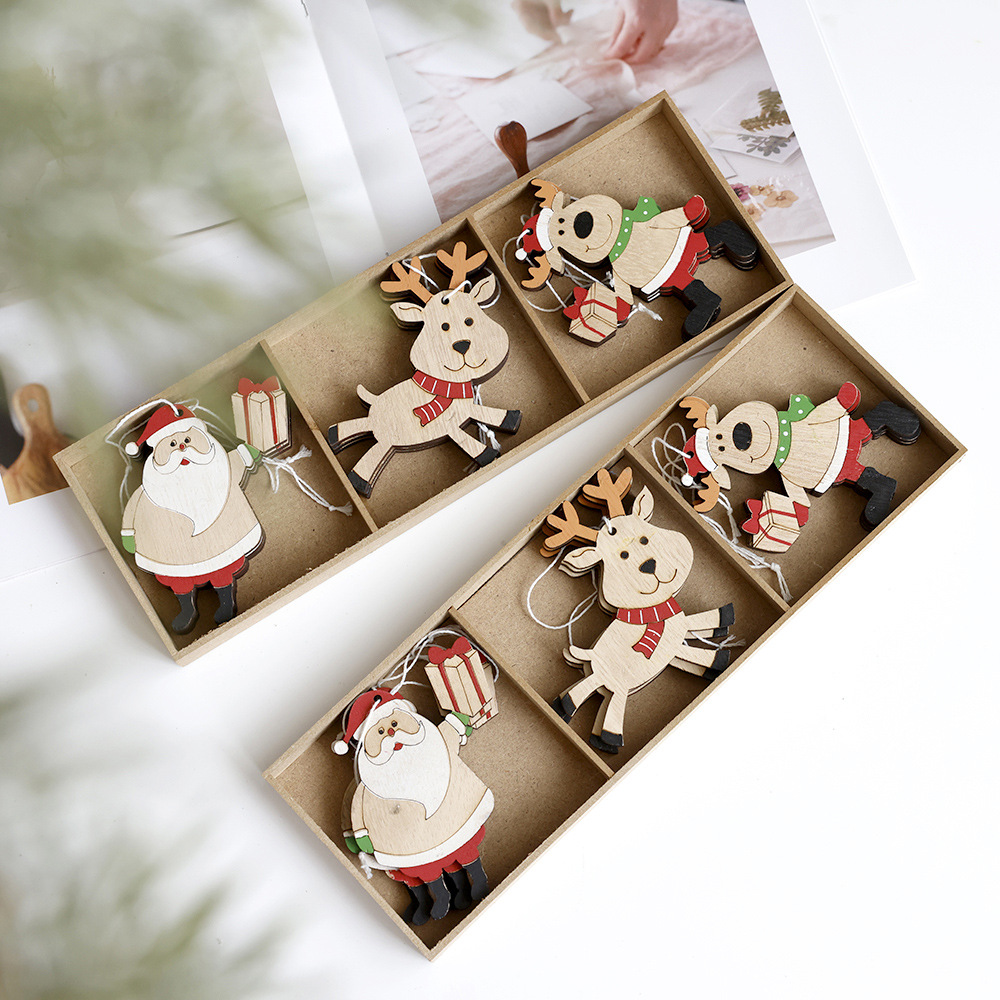 Alce colgante de madera dibujos animados viejos árbol de Navidad colgante muñeco de nieve caja de madera creativa decoración navideña transfronteriza