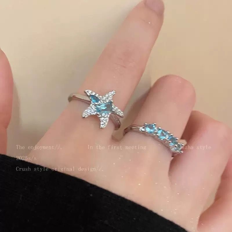 Blue Star Ring for Women, Light Luxury, Niche, High-End Style, Index Finger Ring, Fashionable and Unique, Stackable and Adjustable Ring