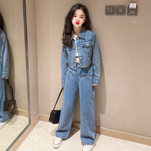 Girls' Autumn Denim Suit  New Style Big Kids' Korean-style Trendy Spring and Autumn Wide-leg Pants Two-piece Set