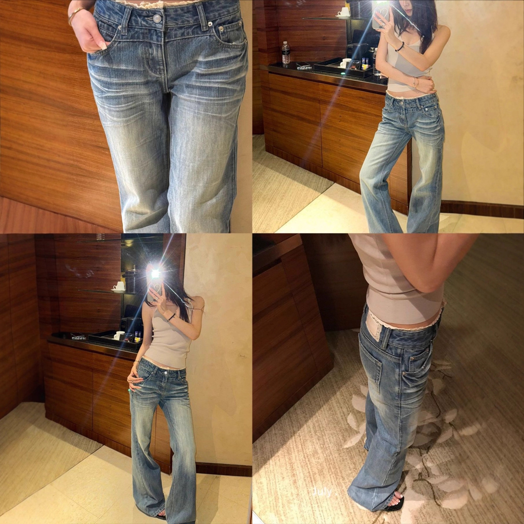 Sunoneoe Lace Micro-Flared Slim Jeans for Women Summer and Autumn Low-Waist White American Casual Bell-Bottom Pants