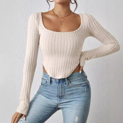 Women's Square Collar Long Sleeve Irregular Plaid T-Shirt - 2024 Autumn New Arrival, Hot Selling on Amazon and AliExpress (Cross-Border)