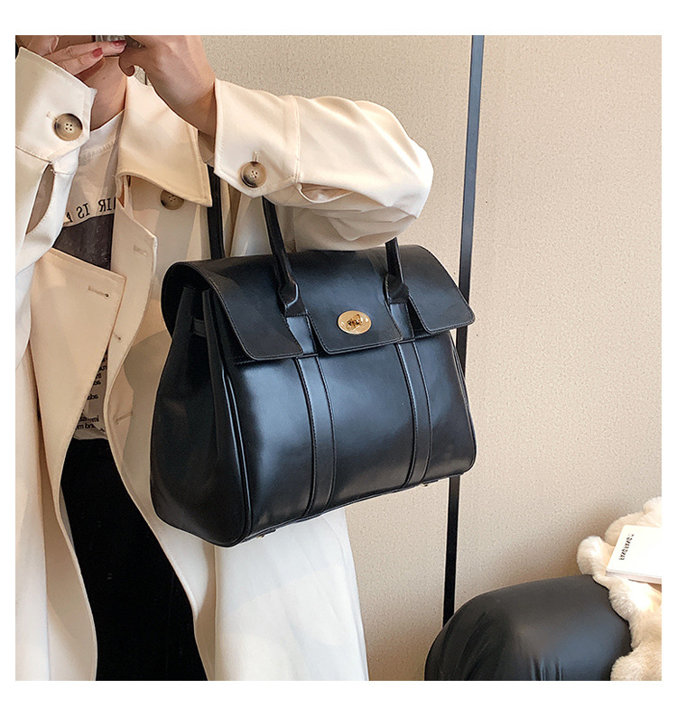 Lock clasp Closure Type Women's Large Pu Leather Solid Color Elegant Vintage Style Square Lock Clasp Tote Bag