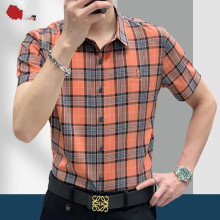 同款令浩服饰桑蚕丝夏季新款短袖衬衫格子刺绣梭织布男士休闲时尚