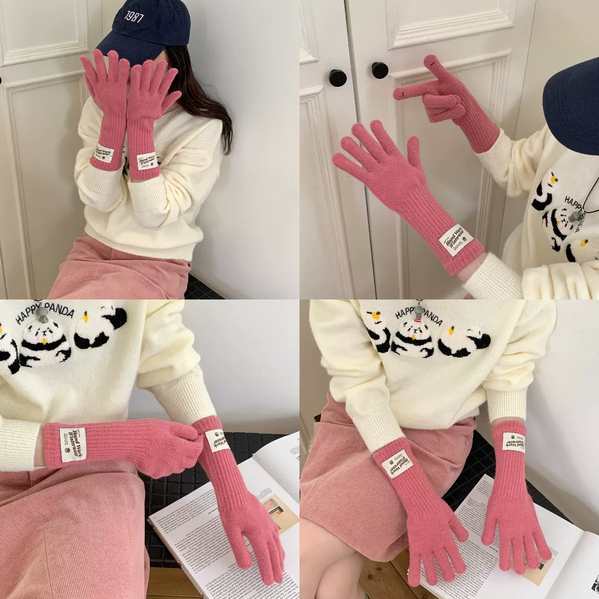 冬季女款保暖手套五指触屏露指保暖纯色针织长款防风骑行韩版百搭