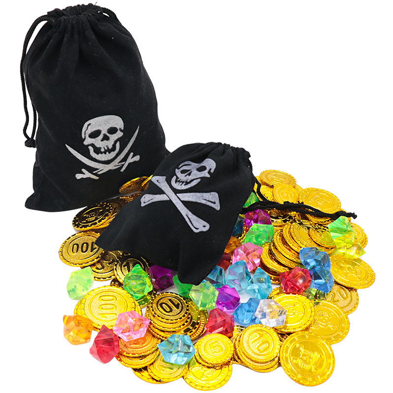 Monedas de oro piratas Halloween props fichas monedas accesorios de juegos de mesa bolsas de monedas de juguetes de plástico monedas de caza del tesoro monedas de oro