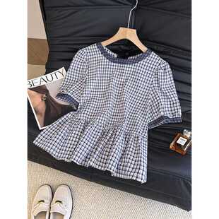 Korean Style Light Luxury Age-Reducing Round Neck Short-Sleeved Babydoll Shirt for Women Summer Retro Plaid Shirt Super Nice Skirt Top