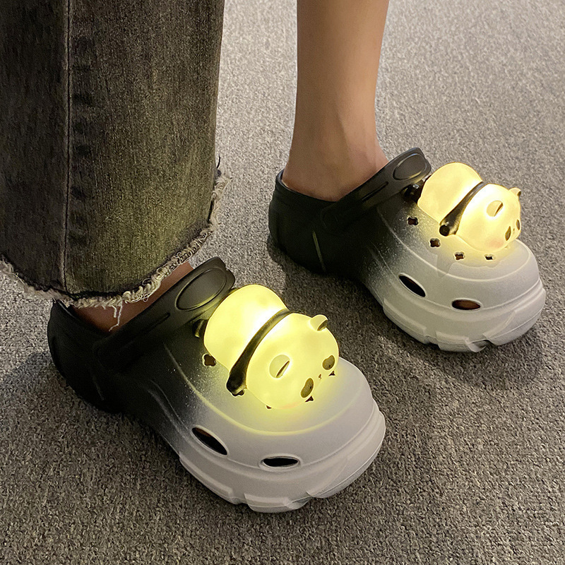Cartoon Panda Luminous Croc Shoes Women's 2024 New Outerwear Summer Platform Sole Heightening Student Baotou Sandals