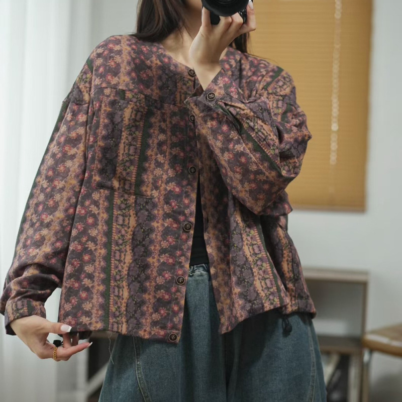 外套开衫 2025秋季新款印花宽松百搭长袖复古文艺上衣外套女|undefined